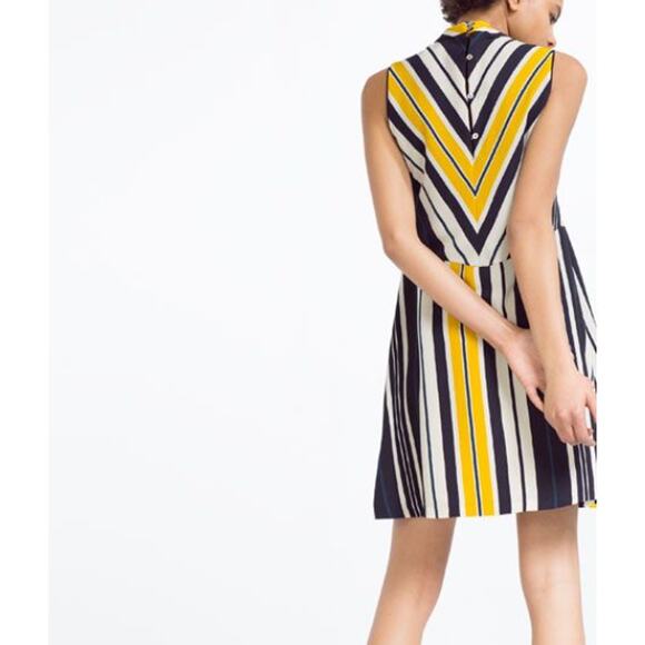 Zara Basic Stripe Mini Dress Sleeveless Button Back Navy White Yellow Womens L - Picture 2 of 10